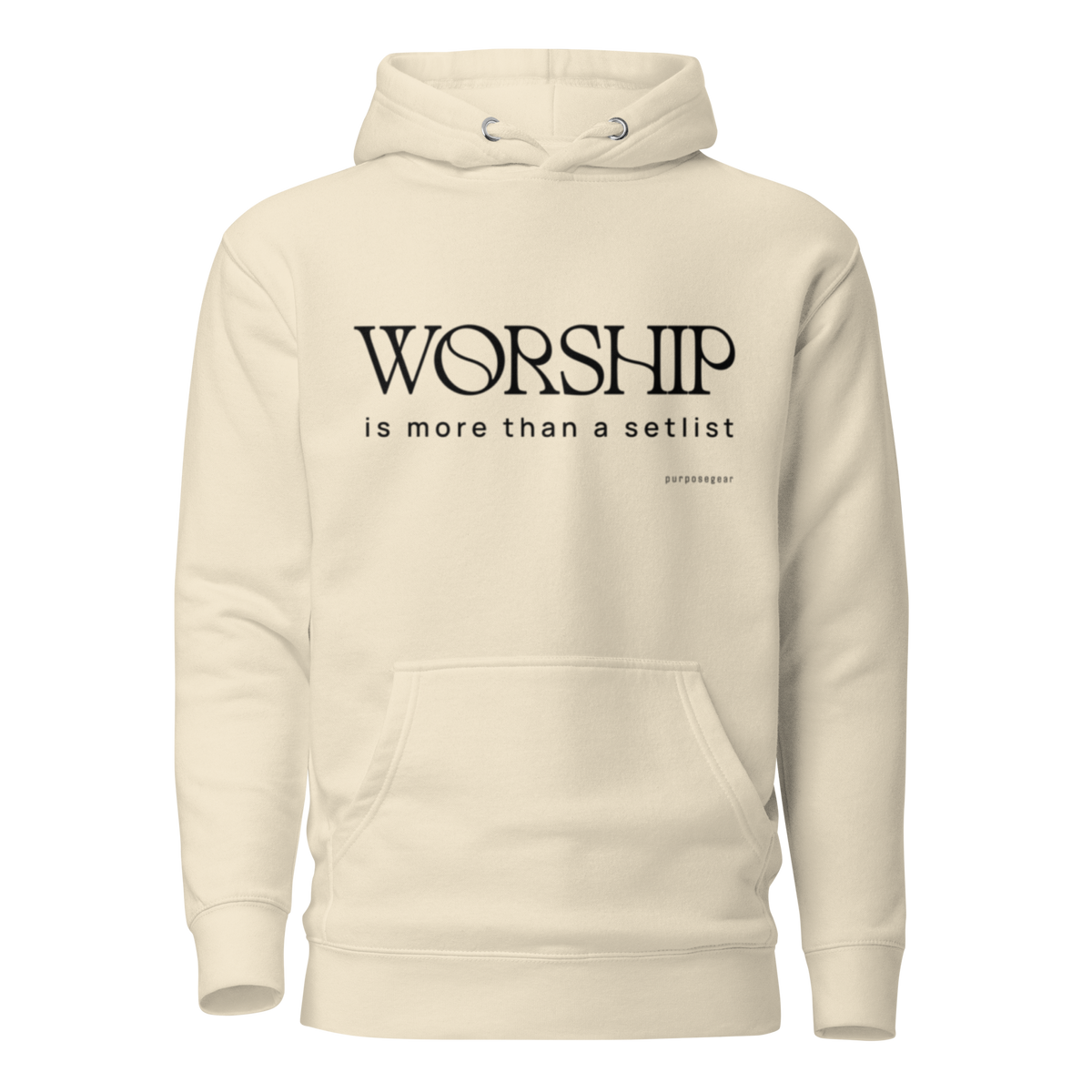 Worship Is More Than a Setlist hoodie in Bone, front, on black